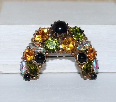 Half Circle AMBER, GREEN & BLACK Stones BROOCH (1⅛" x 1⅛") with Marquise Cut Accents on a Gold Tone Setting