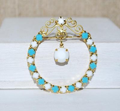 Robin's Egg Blue & White Stones CIRCLE BROOCH (1½" Diam.) with Top Swirl Design and Center Dangle on a Gold Tone Setting