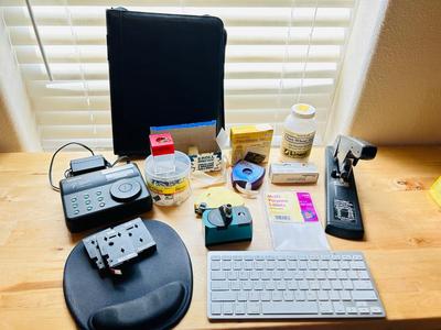 BROTHER LABEL MAKER, BLUETOOTH WIRELESS KEYBOARD, 120 SHEET STAPLER, INVISIBLE TAPE, AND MORE!