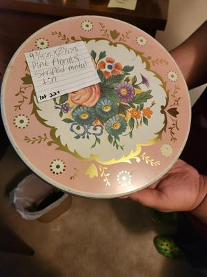 Pink Floral and Striped Metal Tin