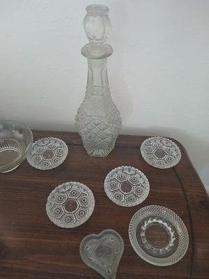 Pressed Glass Lot – Decanter, Dishes & Trinket Trays