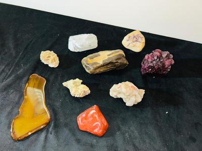 PETRIFIED WOOD, RED JASPER, PURPLE ALUMITE CRYSTAL CLUSTER, AND OTHER MINERALS