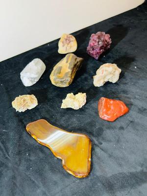 PETRIFIED WOOD, RED JASPER, PURPLE ALUMITE CRYSTAL CLUSTER, AND OTHER MINERALS