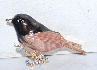 Brown & Black Bird BROOCH (2" x 1") on a Gold Tone Setting