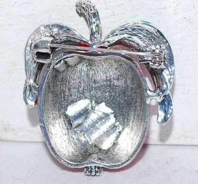Bright RED APPLE BROOCH (1¾" x 1½") with Green Leaves and Silver Stem on a Silver Tone Setting