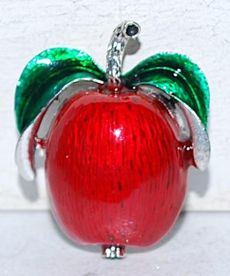 Bright RED APPLE BROOCH (1¾" x 1½") with Green Leaves and Silver Stem on a Silver Tone Setting