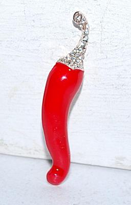 Bright RED PEPPER BROOCH (2" x ½") with Glitter Stones Stem on a Silver Tone Setting