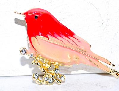 Beautiful RED & PINK BIRD BROOCH (2½" x 1¼") with Glitter Stones Branch on a Gold Tone Setting