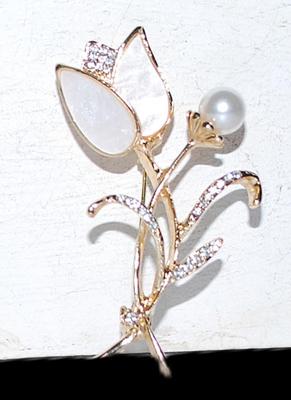 White Abalone-Style Leaves PENDANT/BROOCH (2¼" x 1¼") with Faux White PEARL and Glitter Stones Stems on a Gold Tone Setting