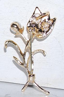 White Abalone-Style Leaves PENDANT/BROOCH (2¼" x 1¼") with Faux White PEARL and Glitter Stones Stems on a Gold Tone Setting