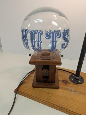 Artist Signed Vintage Wooden NUTS Peanut Dispenser Glass Globe Candy Machine Jar by Carousel Table Lamp Worked!