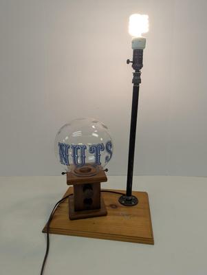 Artist Signed Vintage Wooden NUTS Peanut Dispenser Glass Globe Candy Machine Jar by Carousel Table Lamp Worked!