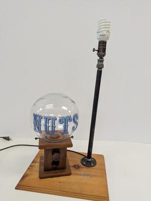 Artist Signed Vintage Wooden NUTS Peanut Dispenser Glass Globe Candy Machine Jar by Carousel Table Lamp Worked!