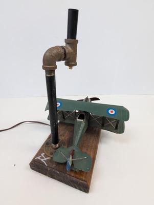 Artist Signed Vintage Bi-Wing Airplane Table Lamp Untested