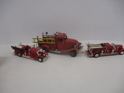 Vintage Style Red Firetruck All Metal Model Ladder Hose Bell Pump & Mack Pumper Firetruck & ERTL Firetruck