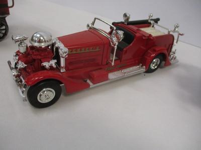 Vintage Style Red Firetruck All Metal Model Ladder Hose Bell Pump & Mack Pumper Firetruck & ERTL Firetruck