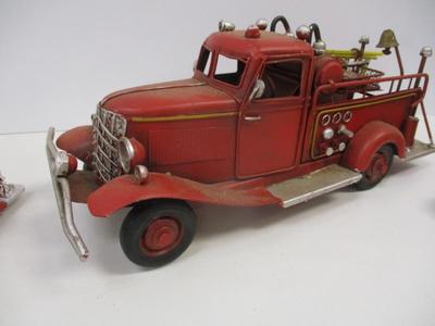 Vintage Style Red Firetruck All Metal Model Ladder Hose Bell Pump & Mack Pumper Firetruck & ERTL Firetruck