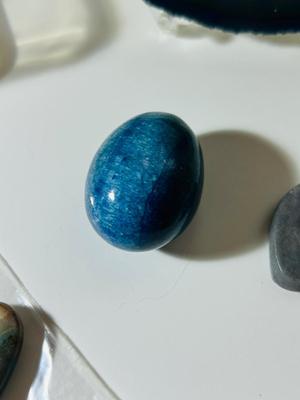 WORRY STONE, BLUE APATITE EGG SHAPED STONE, AGATE, JASPER AND MORE