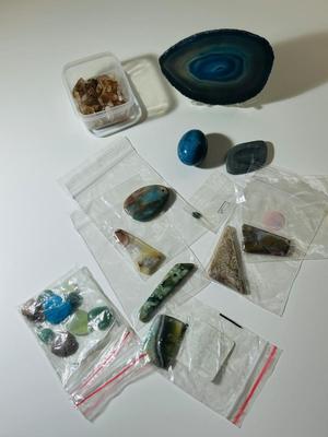 WORRY STONE, BLUE APATITE EGG SHAPED STONE, AGATE, JASPER AND MORE