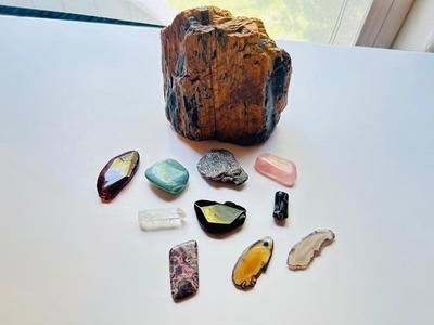 LARGE PIECE OF PETRIFIED WOOD, CRYSTAL, AND OTHER POLISHED STONES