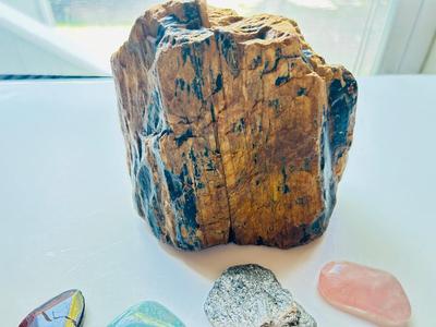 LARGE PIECE OF PETRIFIED WOOD, CRYSTAL, AND OTHER POLISHED STONES