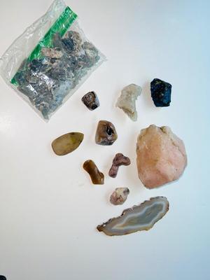 ROSE QUARTZ CRYSTAL, BORNITE (PEACOCK ORE) AND OTHER ROCKS AND MINERALS