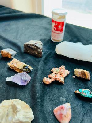 DUST FROM AROUND AN ACTUAL MAMMOTH FOSSIL SIGHT, RAW COPPER STONE, AMETHYST, CHRYSOCOLLA CRYSTAL, WHITE QUARTZ CRYSTAL, AND MORE AMAZING...