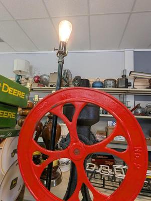 Artist Signed No. 2 Antique Coffee Grinder Burr Grain Wheel Cast Iron Table Lamp Works! Wheel Turned