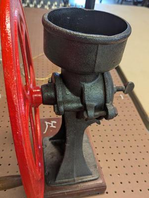 Artist Signed No. 2 Antique Coffee Grinder Burr Grain Wheel Cast Iron Table Lamp Works! Wheel Turned