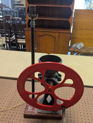 Artist Signed No. 2 Antique Coffee Grinder Burr Grain Wheel Cast Iron Table Lamp Works! Wheel Turned