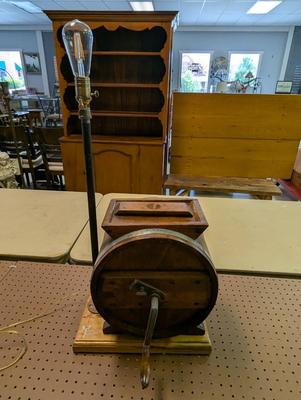 Artist Signed Heavy Antique Wooden Barrel Hand Crank Tabletop Lamp Butter Churn Large Primitive Works! Wheel Turned