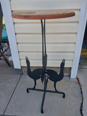 Sale Photo Thumbnail #56: TABLE MEASURES 35X17 (THE TOP NEEDS SANDED DOWN AND RESTAINED) UNIQUE MRTAL BASE OF BOTH TABLE AND LAMP