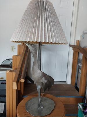 Sale Photo Thumbnail #59: TABLE MEASURES 35X17 (THE TOP NEEDS SANDED DOWN AND RESTAINED) UNIQUE MRTAL BASE OF BOTH TABLE AND LAMP