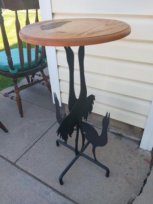 Sale Photo Thumbnail #57: TABLE MEASURES 35X17 (THE TOP NEEDS SANDED DOWN AND RESTAINED) UNIQUE MRTAL BASE OF BOTH TABLE AND LAMP