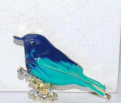 BLUE & GREEN Bird BROOCH (2½" x 1½") Standing on a Gold Branch with Clear Stone Accents on a Gold Tone Setting