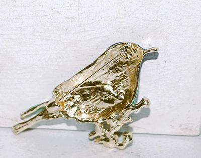 BLUE & GREEN Bird BROOCH (2½" x 1½") Standing on a Gold Branch with Clear Stone Accents on a Gold Tone Setting