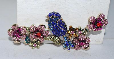 Deep BLUE BIRD BROOCH (3½" x 1½") with Pink, Champagne & Cranberry Colored Stones on a Gold Tone Setting
