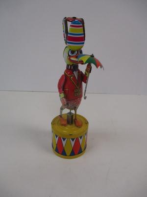 Tin Toy Dancing Duck On A Drum w/ Umbrella Bright Colors Rare Vintage Missing Key