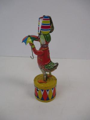 Tin Toy Dancing Duck On A Drum w/ Umbrella Bright Colors Rare Vintage Missing Key