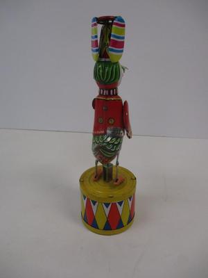Tin Toy Dancing Duck On A Drum w/ Umbrella Bright Colors Rare Vintage Missing Key