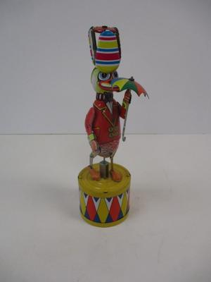 Tin Toy Dancing Duck On A Drum w/ Umbrella Bright Colors Rare Vintage Missing Key