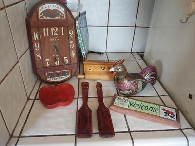WOODEN ELGIN WALL CLOCK-CHICKEN-APPLE SPOON REST AND MORE