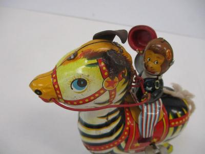 Vintage Masuya Jumping Zebra & Monkey Wind-up Tin Toy With Key
