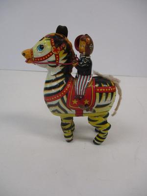 Vintage Masuya Jumping Zebra & Monkey Wind-up Tin Toy With Key