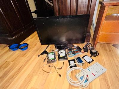 HP MONITOR, POWER STRIP, HARD DRIVES, LOGITECH CAMERA