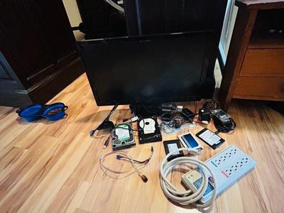 HP MONITOR, POWER STRIP, HARD DRIVES, LOGITECH CAMERA