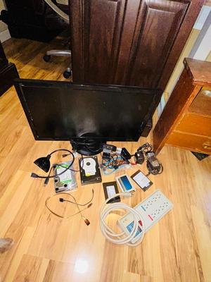 HP MONITOR, POWER STRIP, HARD DRIVES, LOGITECH CAMERA