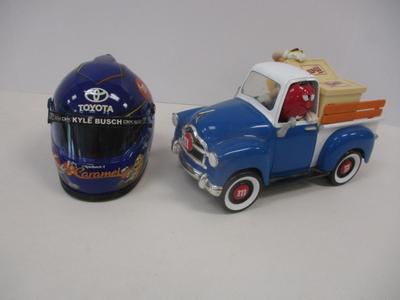 Kyle Busch Mini Helmet M&M Caramel Joe Gibbs Racing NASCAR Auto Pin Signature & M & M Blue White Pickup Truck Candy Dispenser