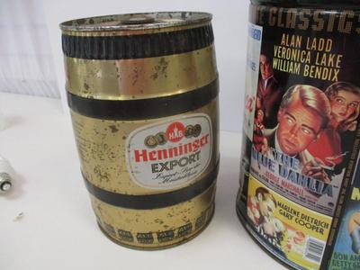 Vintage Miniature Beer Keg (empty) Henninger Export Can - Movie Classics Popcorn Tin Casablanca Tarzan Zorro Houston Foods Co. &...