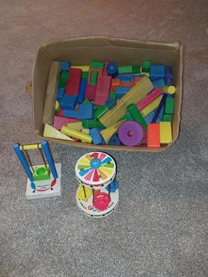 VINTAGE WOODEN BLOCKS AND FISHER PRICE CAROUSEL